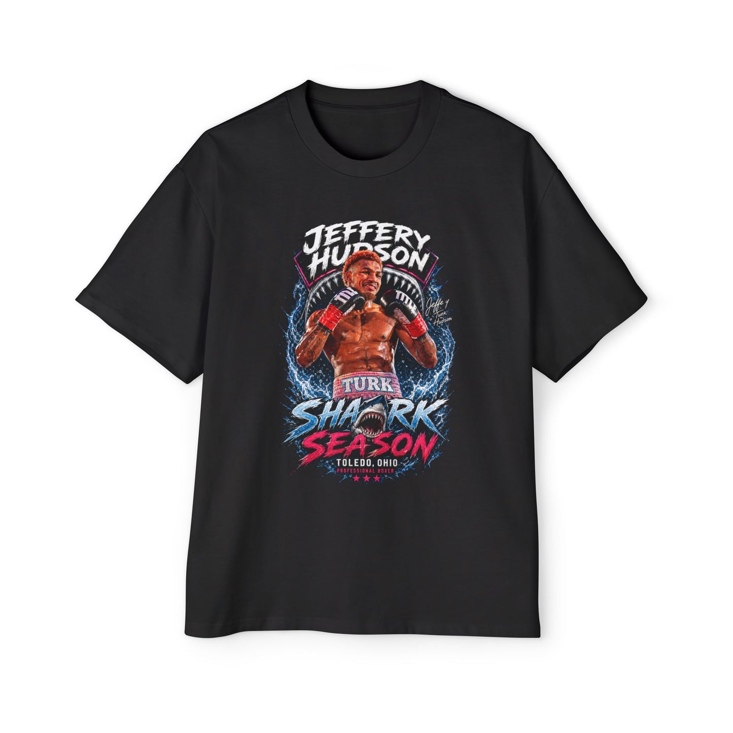 Boxy Graphic Tee — 'Jeffery Hudson Shark Season' Boxing Poster Design