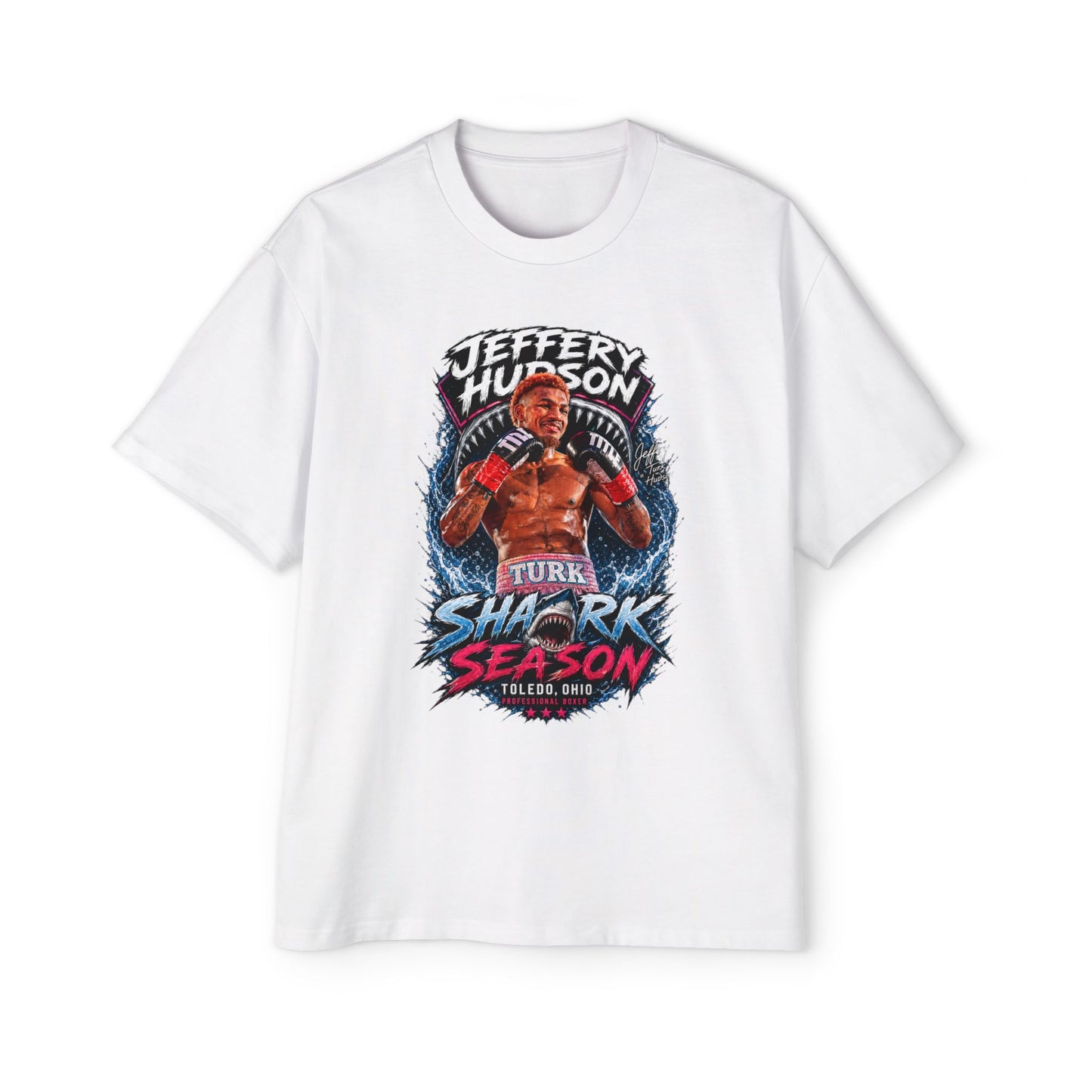 Boxy Graphic Tee — 'Jeffery Hudson Shark Season' Boxing Poster Design